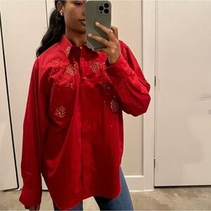 Vintage Western Strawberry Rhinestone Oversized Button Down Top Hot Pink Size L